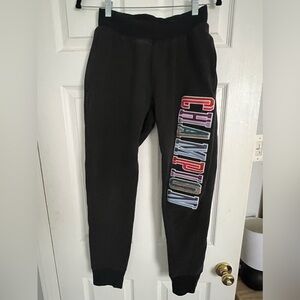 Champion Heavyweight black joggers w/colorful patchwork logo. Men’s S. Like new.
